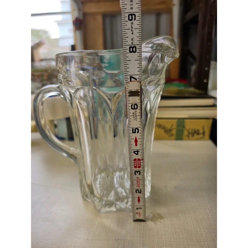 Vintage Clear Pressed Glass Pitcher Paneled Starburst Base Heavy Juice Water Jug